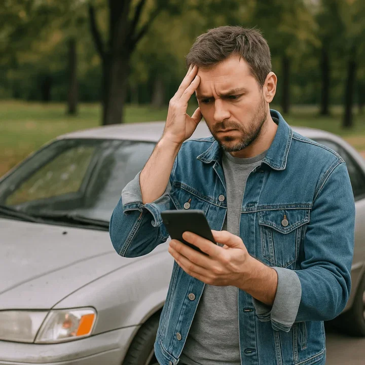 Mężczyzna w dżinsowej kurtce trzyma telefon, wygląda na zmartwionego, stoi obok samochodu na tle parku.