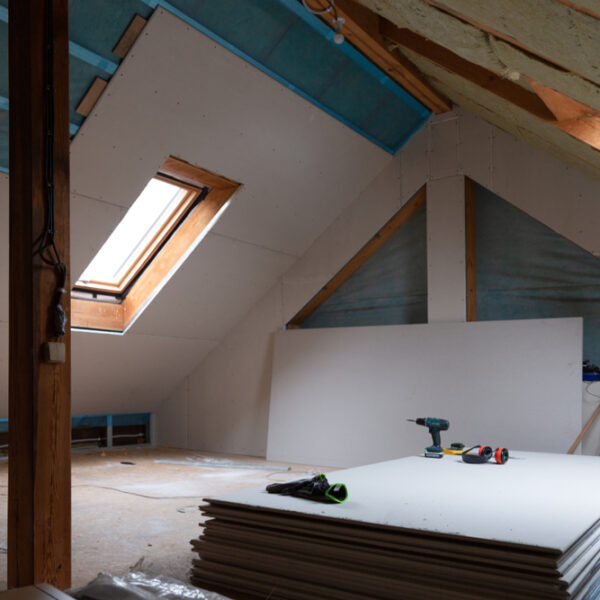 Pokój na poddaszu w trakcie remontu, z widokiem na okno dachowe, płytami gipsowo-kartonowymi i narzędziami budowlanymi.